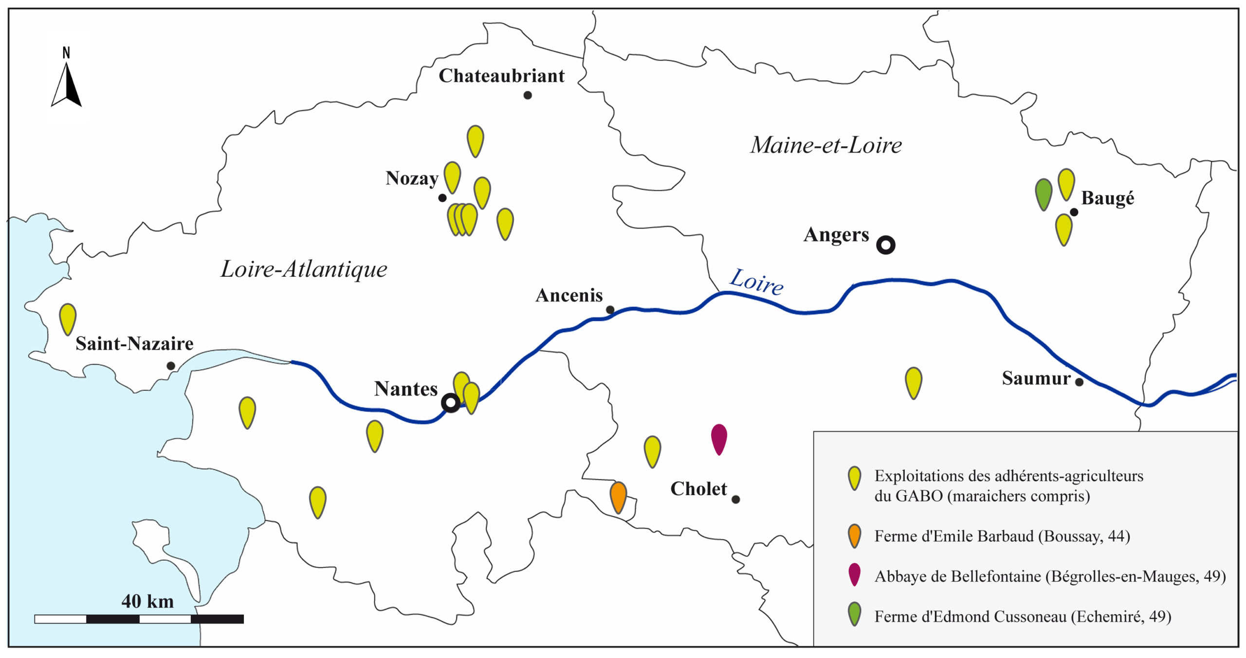 Localisation des fermes des adhérents-agriculteurs du GABO localisés en Loire-Atlantique et Maine-et-Loire, d’après la liste du 25 juillet 1959