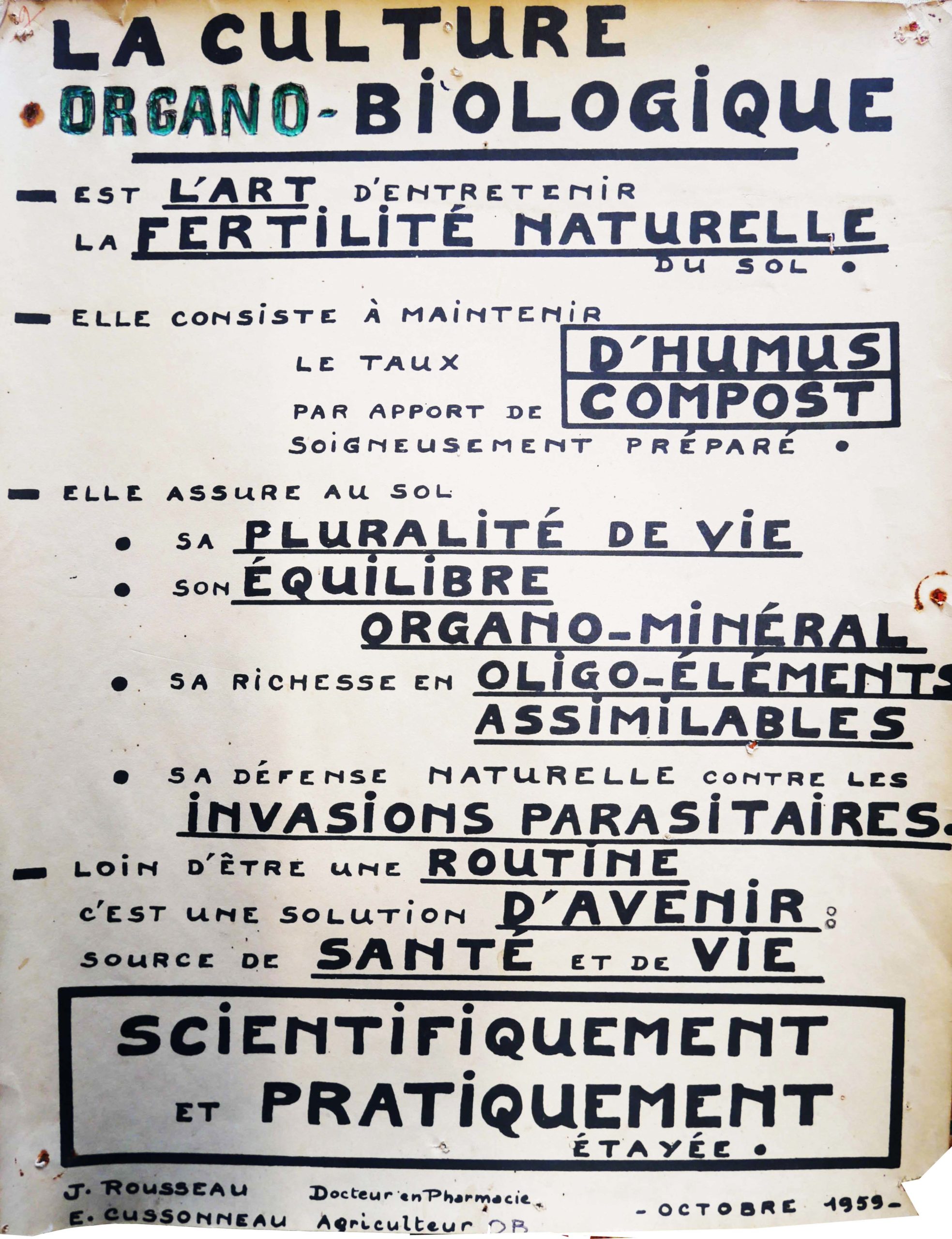 Support pédagogique réalisé par Jeanne Rousseau. Edmond Cussoneau a tenu à ajouter la mention « organo-biologique » sur le support qu’il a conservé