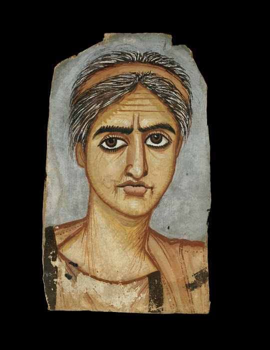 Portrait de femme,<br>vers 300-325 selon le British Museum,<br>bois de sycomore peint à l’encaustique,<br>H. 31,2 cm ; l. 18,5 cm ; ép. 0,6 cm, er-Rubayat<br>1890,0921.1, British Museum, Londres, bmimages.com